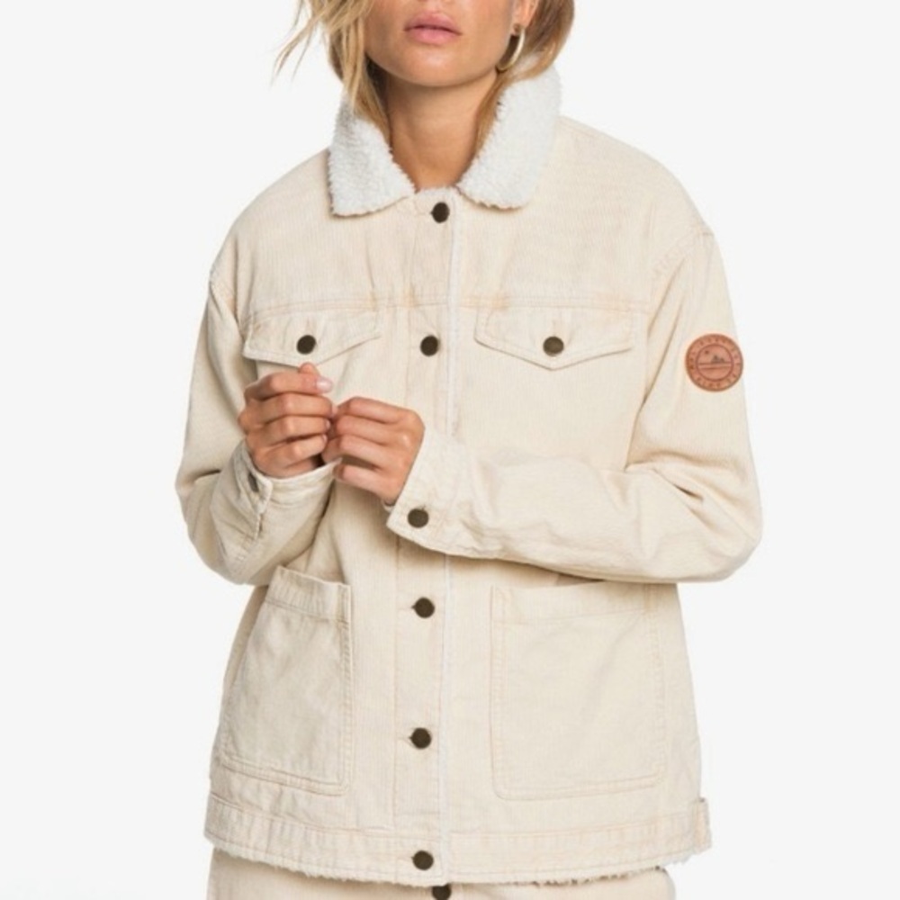 Roxy Cream Tan Sherpa-Lined Corduroy Trucker Jacket in Small